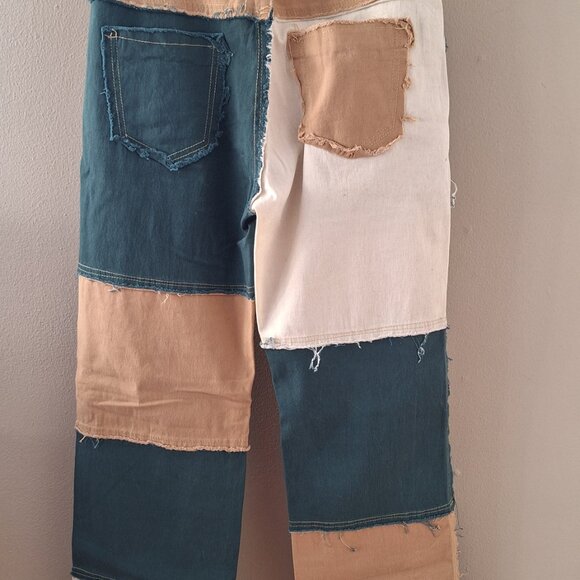 Women's High Waist Straight Leg Denim Patchwork Jeans with Frays Size L/XL - Picture 2 of 4